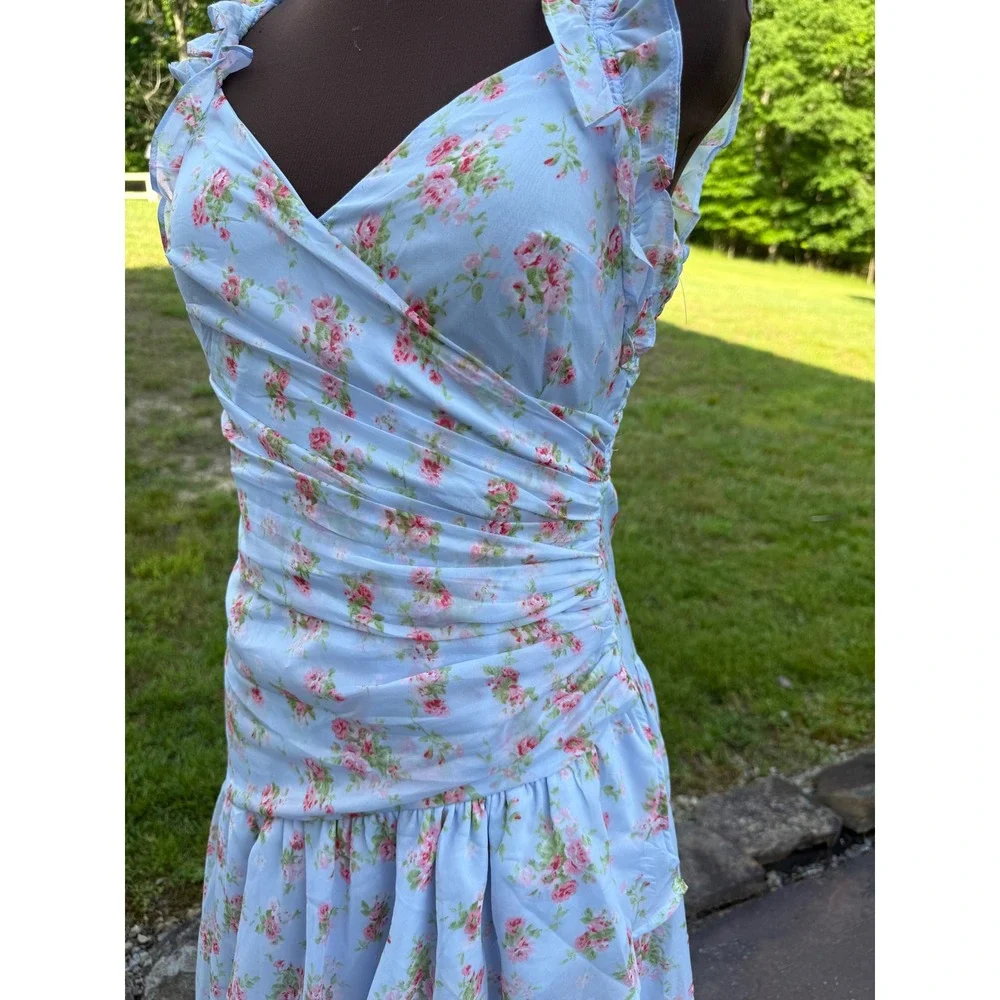 Abercrombie & Fitch Floral High-Low Ruffle Maxi Dress Blue Pink Size M feminine